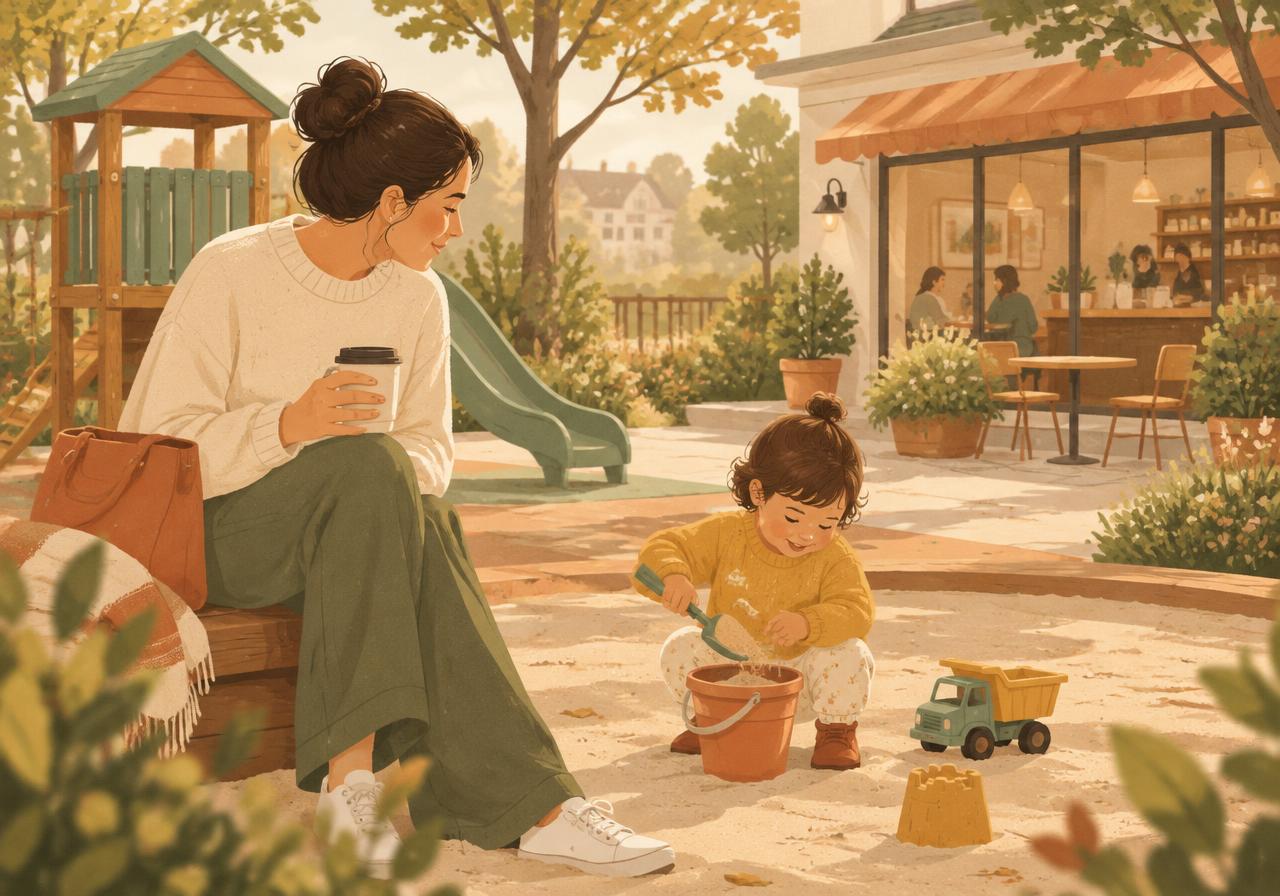 Parent with coffee watching a toddler play